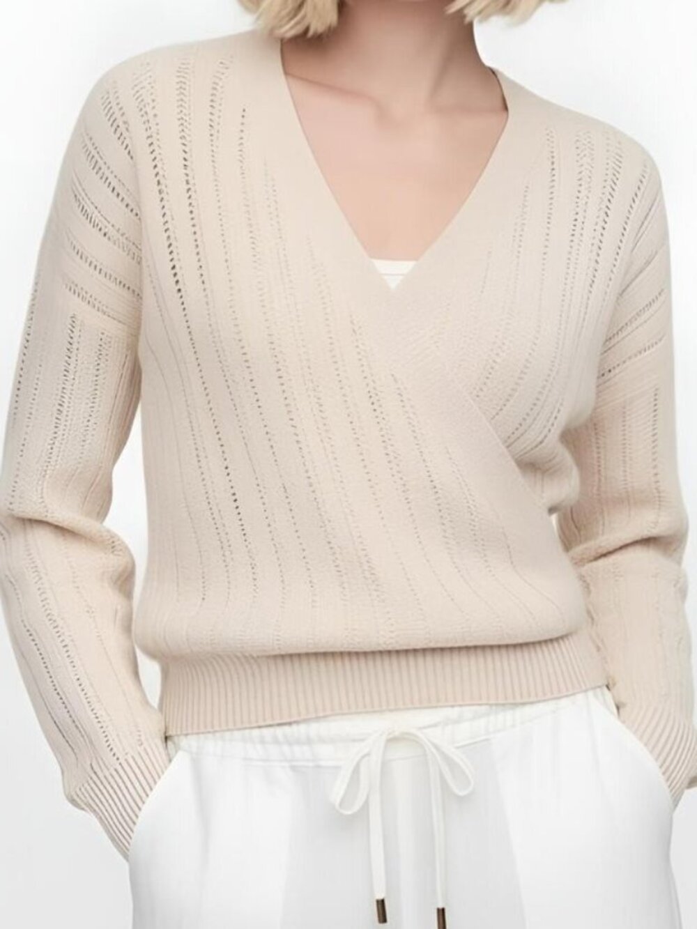 ASTR the Label Wrap Front Pointelle Summer Sweater Cream Size L NWT